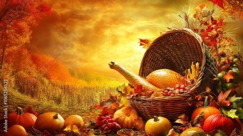 Autumn Harvest Basket with Pumpkins and Gourds