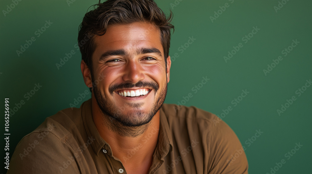 Fototapeta premium Portrait of a Handsome Man Smiling with White Teeth Against Green Background