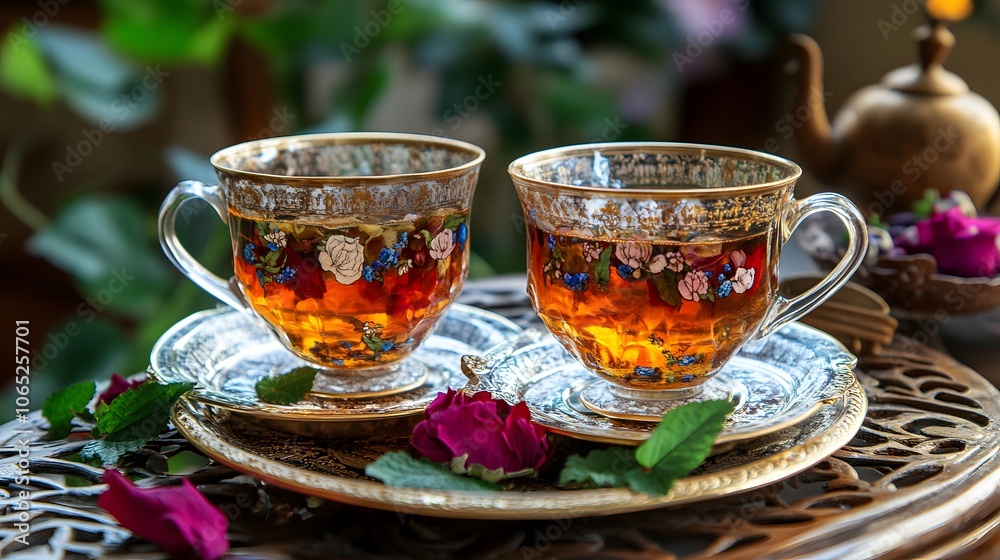 Two elegant glass teacups with floral designs filled with tea, surrounded by rose petals. Two elegant glass teacups with floral designs filled with tea, surrounded by rose petals.