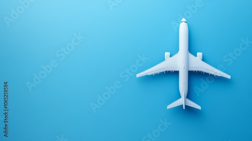 Minimalist photo of a white airplane model on a blue background, suggesting concepts like travel, tourism, and air transport
