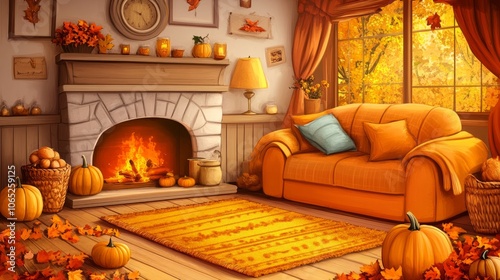 Cozy Autumn Living Room with Pumpkin Decor and Fireplace