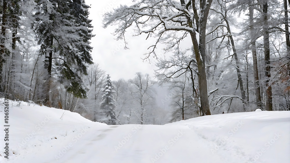 Fototapeta premium In a winter landscape, a road covered in snow and trees covered in snow