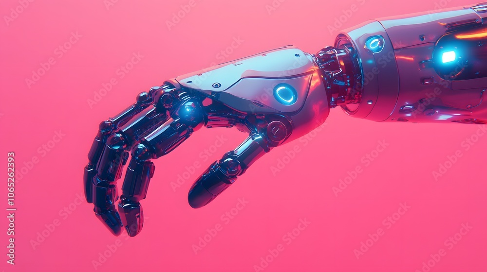 Futuristic Robotic Hand Reaching Out on Pink Background