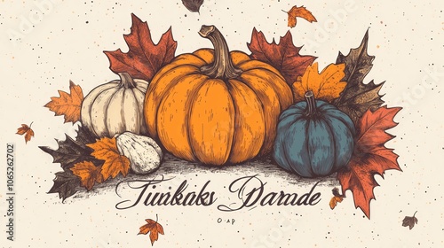 Autumn Harvest Pumpkin Illustration with Decorative Leaves