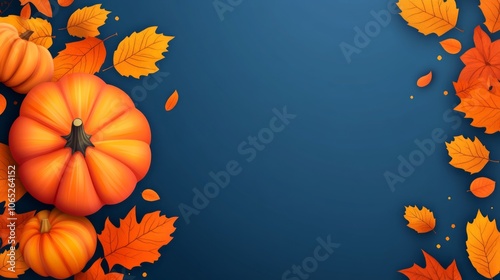 Autumn Harvest Decor with Pumpkins and Leaves on a Blue Background