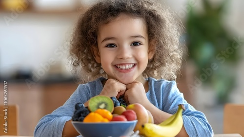 Fototapeta Naklejka Na Ścianę i Meble -  Smiling Child Joyfully Eating Colorful Bowl of Fresh Nutritious Fruits