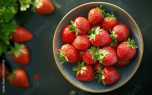 A vibrant topdown view of fresh strawberries, capturing their glossy texture and inviting appearance, ideal for culinary visuals photo