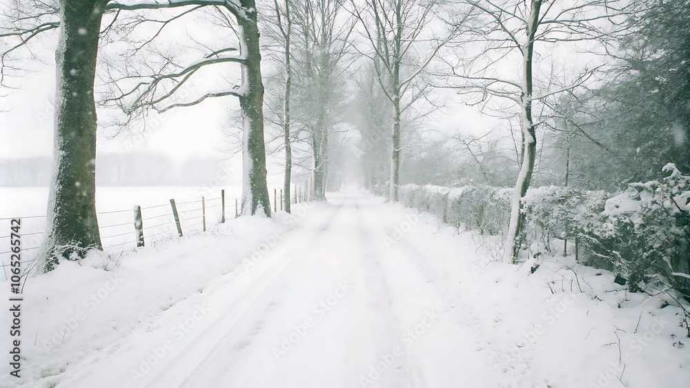 Obraz premium In a winter landscape, a road covered in snow and trees covered in snow