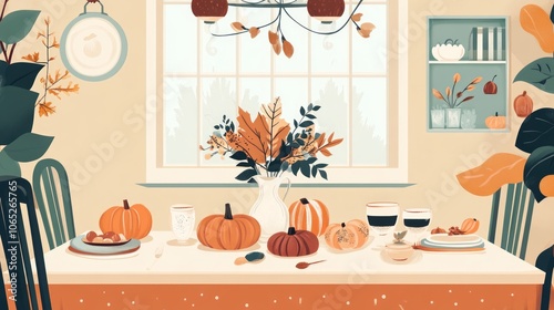 Cozy Autumn Dining Scene with Pumpkins and Fall Decor