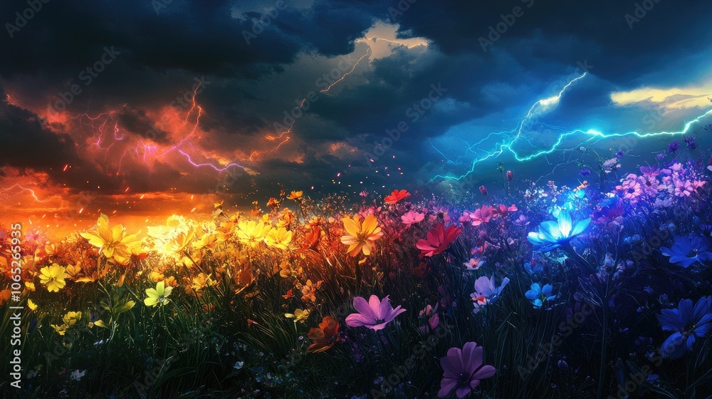 Fototapeta premium Vibrant Flowers Under a Stormy Sky