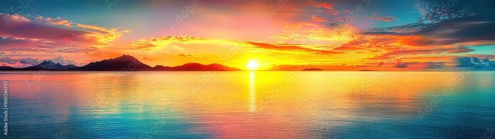Fototapeta premium Stunning Panorama of a Colorful Sunset Over a Calm Ocean, Capturing Nature's Beauty with Vibrant Skies and Reflective Waters
