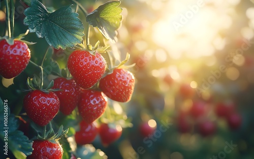 Charming closeup of juicy red strawberries on the vine, captured in warm sunlight, providing a bright and inviting fruit photography scene with copy space