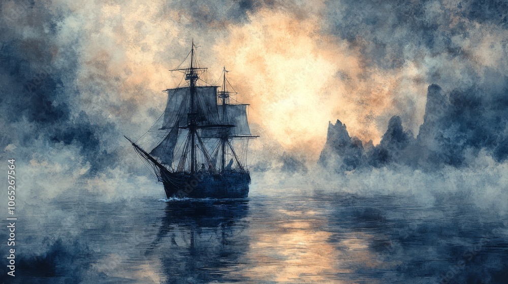 Obraz premium A Tall Ship Sailing Through Foggy Waters Towards a Rocky Coastline Under a Dramatic Sky