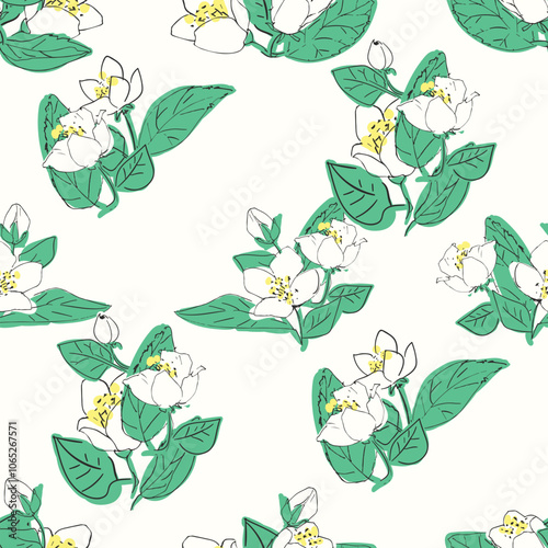 Seamless vector pattern with jasmine flowers. Floral background illustration.