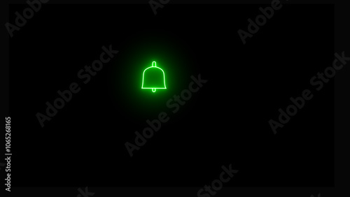 Glowing neon green color notification bell animation icon, alert notice signal message ringing animated  black background. using computer,using phone.