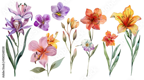 Colorful flowers and leaves set, floral watercolor illustration for greeting card, invitation, valentines and other printing design. Isolated on white background