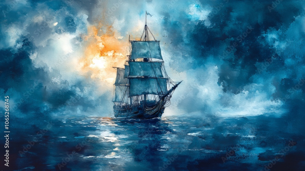 A lone sailing ship navigates through a dramatic blue sky and sea.