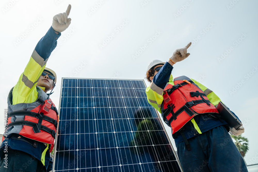 Fototapeta premium engineer men inspect modules of photovoltaic cell panels. Industrial Renewable energy of green power. workers prepare materials before construction on site with the stack of panels at background.