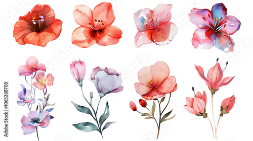 Colorful flowers and leaves set, floral watercolor illustration for greeting card, invitation, valentines and other printing design. Isolated on white background photo