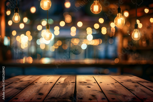 Empty wooden table top with a blurred background of a restaurant or bar interior, decorated with vintage hanging light bulbs and people having fun at night time.