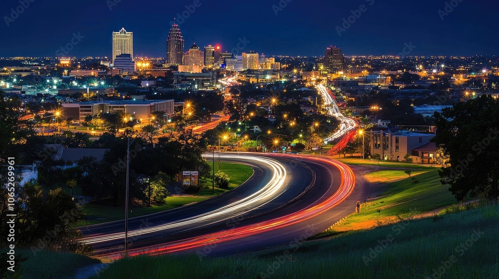 Fototapeta premium Nighttime Cityscape with Light Trails and Skyline View