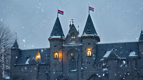 A winter evening at a fairytale castle with snow and glowing lights