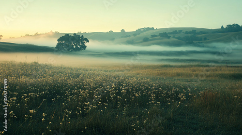 A soft landscape of rolling fields blanketed in fog, where the sounds of nature create a symphony.A soft landscape of rolling fields blanketed in fog, where the sounds of nature create a symphony.