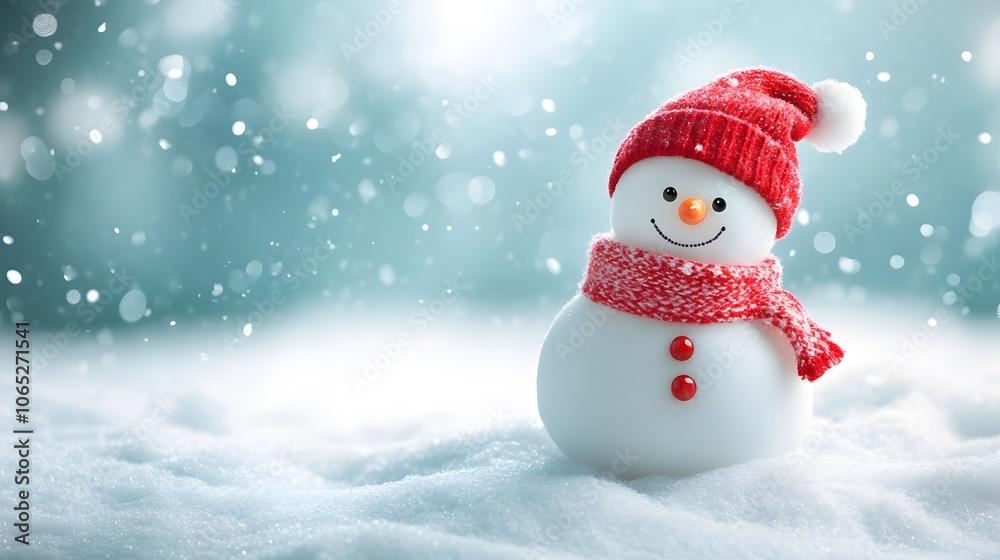 Fototapeta premium Cheerful snowman wearing a red hat and scarf in a snowy winter scene.
