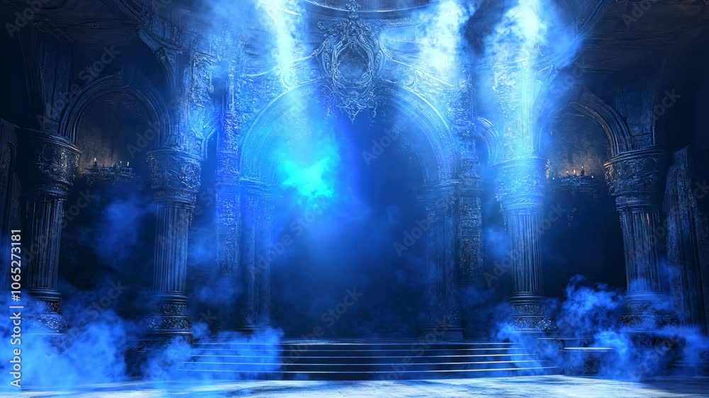 A blue room with smoke and a blue arch A blue room with smoke and a blue arch