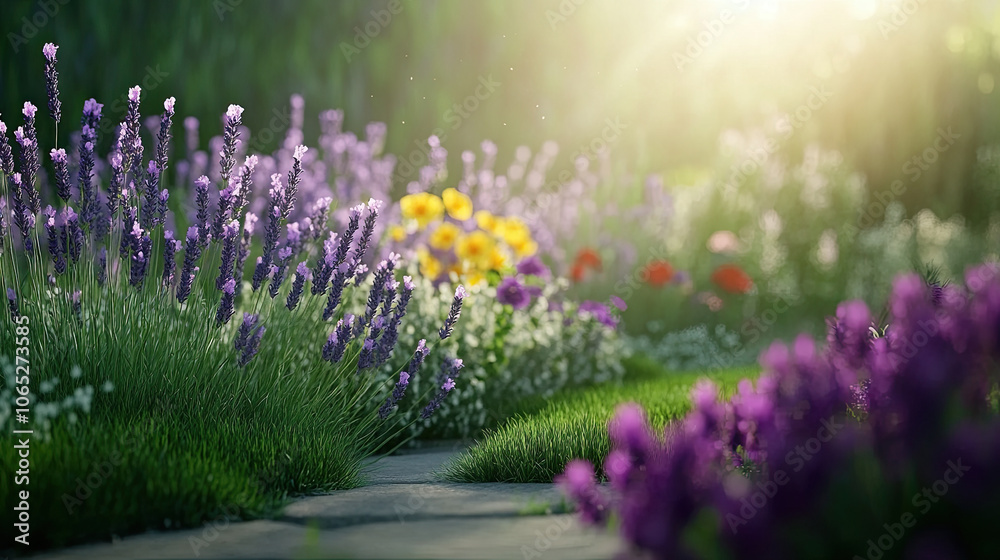 Fototapeta premium picturesque garden path surrounded by vibrant lavender and colorful flowers, bathed in warm sunlight, creating serene and inviting atmosphere