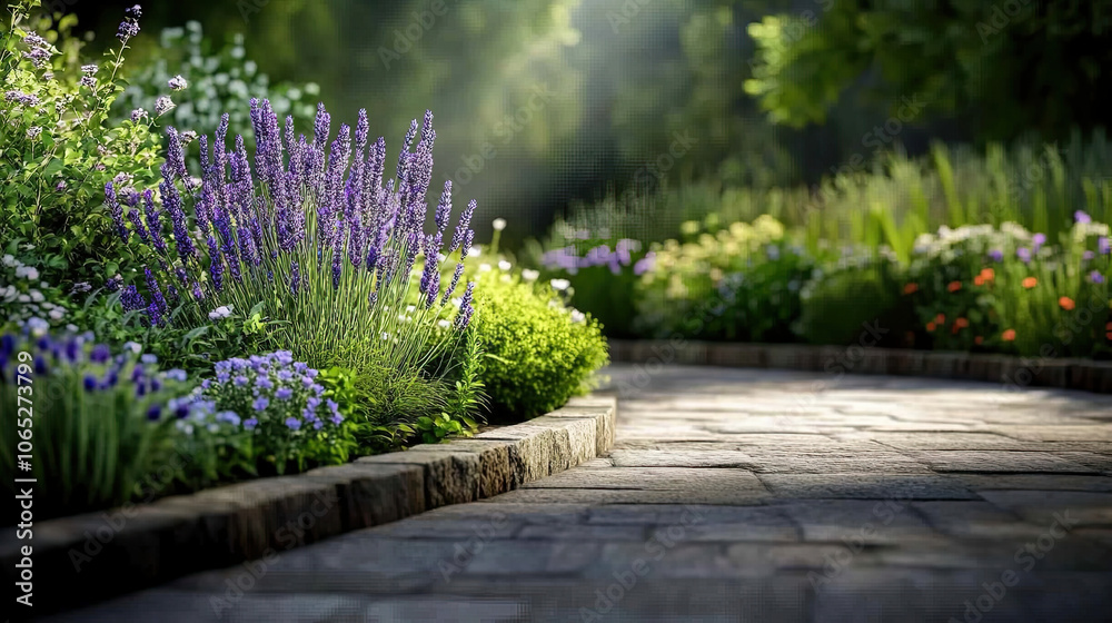 Fototapeta premium serene vintage cottage garden filled with lavender and colorful flowers, creating peaceful atmosphere along stone pathway