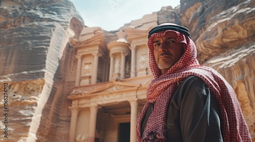 Traditional Jordanian Man in Front of Petra Monument