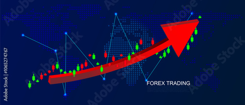 The red upward-trending arrow symbolizes the potential for growth and financial gain with Candlestick, the interconnectedness of the global economy concept where currency values fluctuate constantly