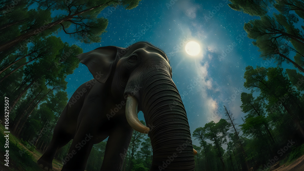 Fototapeta premium Elephant in the forest at night with full moon. 