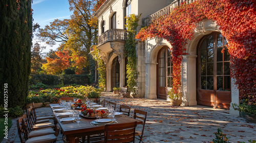 A stately villa with elegant gardens, beautifully decorated for Thanksgiving dinner.A stately villa with elegant gardens, beautifully decorated for Thanksgiving dinner. photo