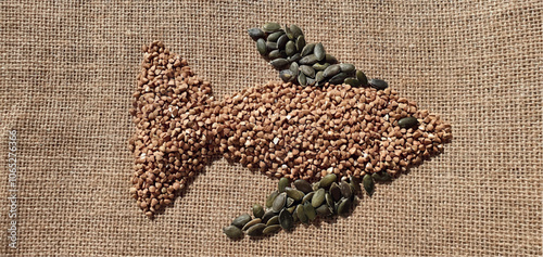 Healthy food, diet. Healthy buckwheat, pumpkin seeds and celery. Drawing of fish from products. Art healthy food. Fish drawing. Composition of useful products.