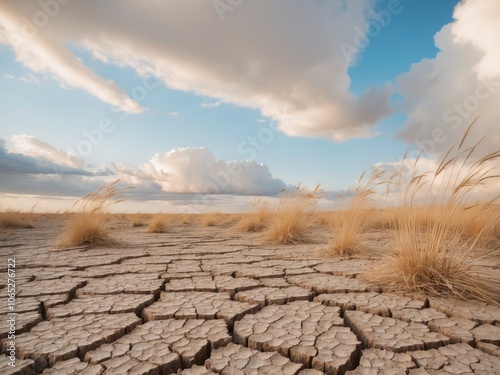 Cracked earth and dry grass under bright clouds in a remote landscape during the late afternoon. photo