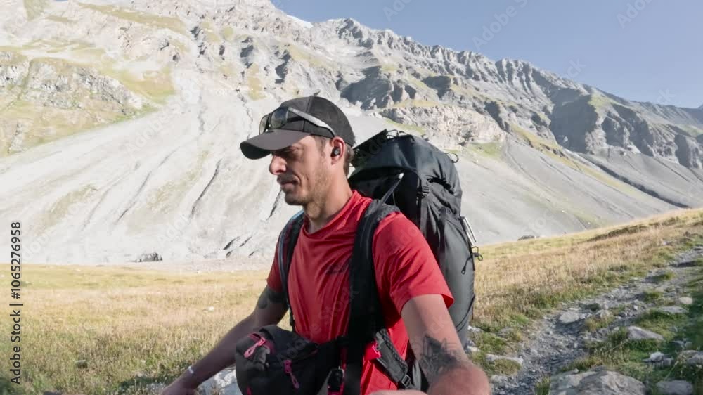 Male Hiker With Backpack On Mountain Filming Himself - Selfie Vlog
