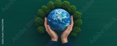 Hand reaching toward globe surrounded by trees, representing zerocarbon environmental goals photo