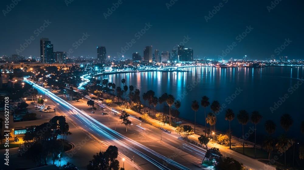 Fototapeta premium Night view of a city skyline reflecting on water, with vibrant lights and palm trees.