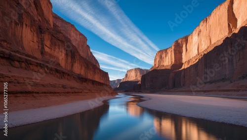 River flowing through narrow canyon with towering cliffs at dawn. photo