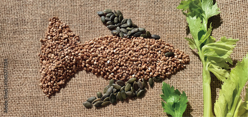 Healthy food, diet. Healthy buckwheat, pumpkin seeds and celery. Drawing of fish from products. Art healthy food. Fish drawing. Composition of useful products.