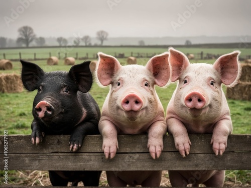 Three curious pigs looking through a muddy barnyard fence on a cloudy day in rural farmland. photo