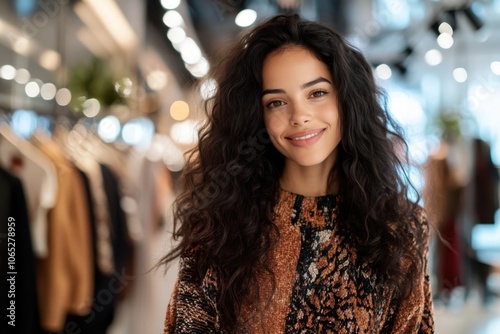 A young woman with striking dark curly hair smiles confidently while standing amidst fashionable clothing items in a chic, contemporary boutique setting. photo