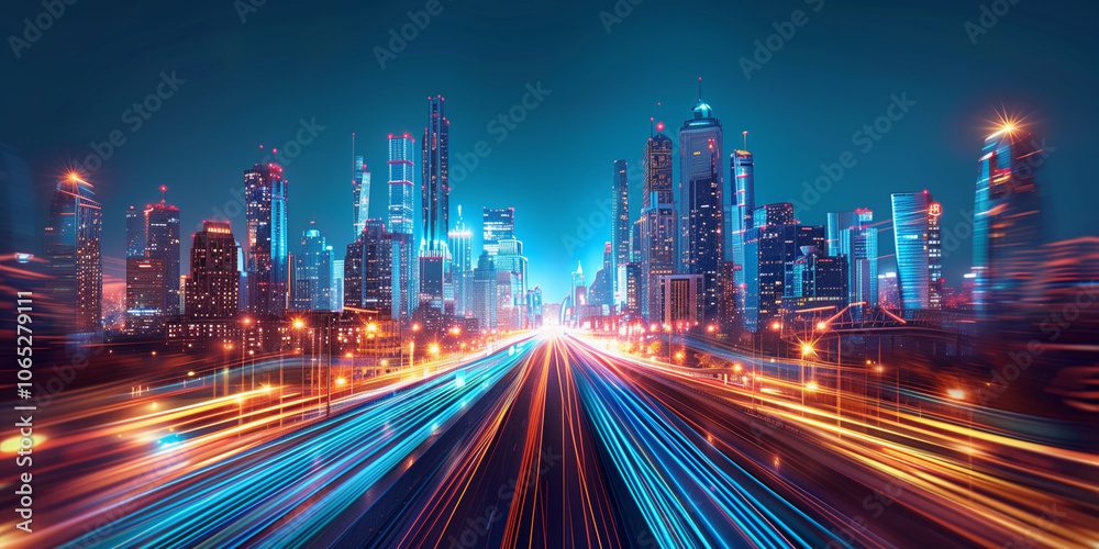 Fototapeta premium Vibrant city skyline illuminated at night with rushing lights from busy roads