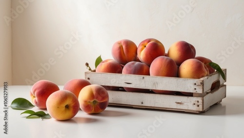 Fresh peaches in a rustic wooden crate on a light background. photo