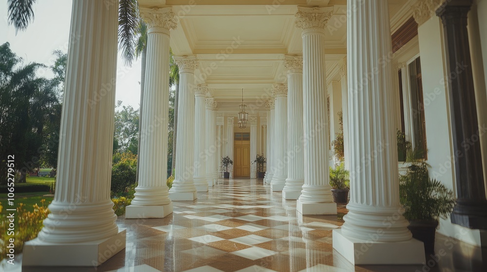 Obraz premium Elegant Corridor with Columns and Patterned Floor