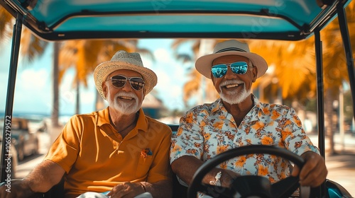 Wallpaper Mural Two happy senior men wearing sunglasses and hats smiling while driving a golf cart. Torontodigital.ca