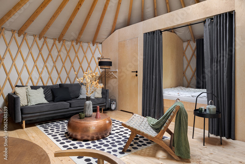 Living area and bedroom in yurt