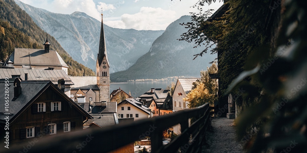 Fototapeta premium Scenic Mountain Village with Church and Lake